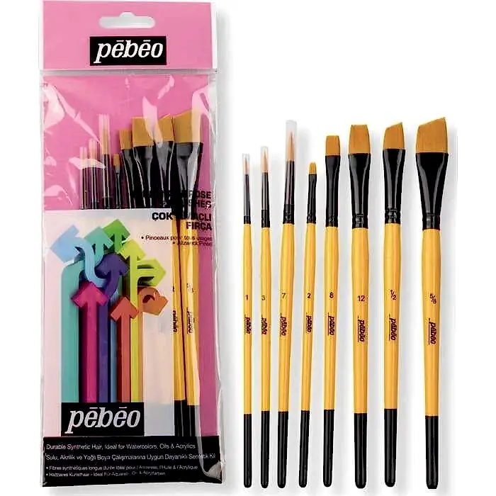 Pebeo 8'Li Fırça Seti - Angular No: 1/2 5/8 - Kesik Uç No: 2 8 12 - Suluboya No: 1 3 7