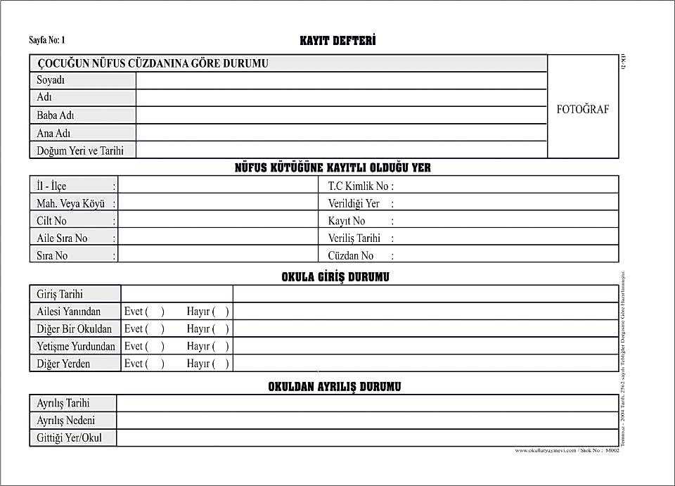 Okullar Anaokulu Künye Defteri Ciltli 200 Sayfa