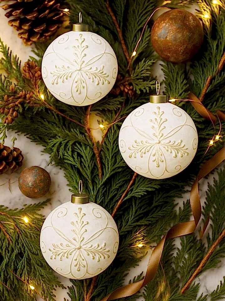 Astaş Retro Altın İşlemeli Yılbaşı Topu Beyaz 8 Cm 3 Lü