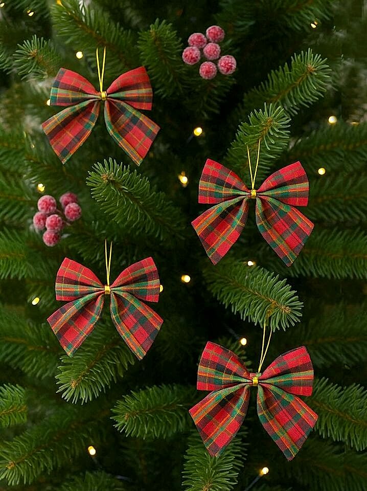 Astaş Yesil Kirmizi Ekoseli Kumas Fiyonk 8  Cm 4 Lü