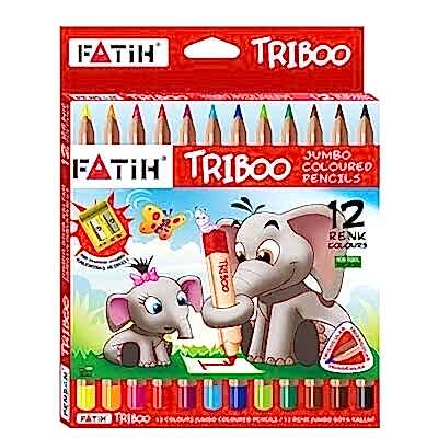 Fatih Jumbo Triboo Üçgen Natural Kuru Boya Kalemi 12 Renk Tam Boy (Kalemtraşlı)