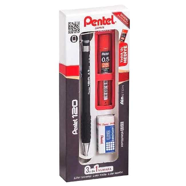 Pentel 120A3 3'Lü Takım Versatil+Silgi+Hediye Min Kutulu Siyah