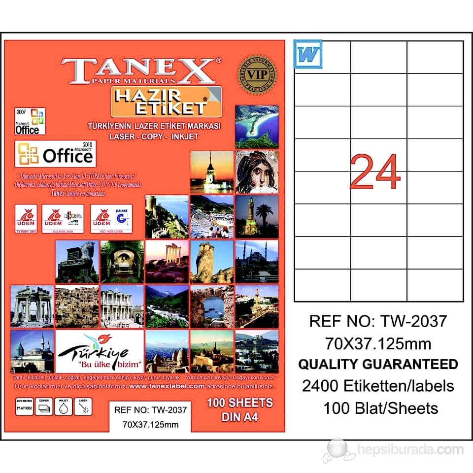 Tanex Tw-2037 70x37,125 Mm Laser Etiket 100 Adet